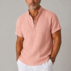 Men Linen Shirt Popover Shirt Band Collar Shirt - Casual Daily Black Pink Short Sleeve Henley Summer Clothing Apparel