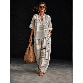 Women's Shirt Cotton Linen Sets Pants Sets Short Sleeve 3/4 Length Sleeve V Neck Floral Graphic Geometric Print Vacation Fashion Streetwear Casual Daily Outdoo