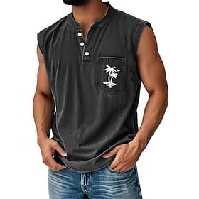 Voor heren Overhemd van 100% katoen met zure wassing Mouwloos shirt Mouwloos Henley Zomer Effen Kleur Kokosnoot Casual Kledingstuk geverfd Bleek Vintage wassin