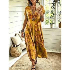 Femmes Robe Midi Robe trapèze Occasionnel Coupe Ample Fleuri Abstrait Manche Courte Col en V Bleu Jaune Rose Claire Bleu Poudré Été Printemps
