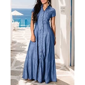 Women's Maxi Dress Sundress Vintage Vacation Regular Fit Pure Color Short Sleeve Shirt Collar Blue Light Blue Black Spring
