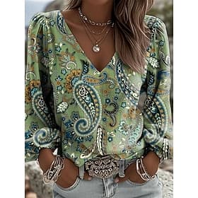 Women's Shirt Graphic Geometric Paisley Bohemia Vacation Vintage Long Sleeve V Neck Plunging Neck Long Tops Casual Daily Holiday Blue Khaki Brown Green Summer