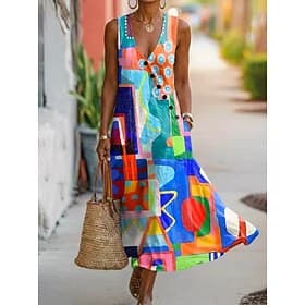 Damen Knöchellang Sommerkleid Freizeitkleid A Linie Kleid Elegant Urlaub Stilvoll Strand Ferien Normale Passform Grafik Geometrisch Abstrakt Ärmellos V Ausschn