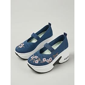 Women's Blue Floral Embroidered Mary Jane Wedge Sneakers - Breathable Knit Air Cushion Platform Shoes for Travel, Casual Outings All-Day Wear
