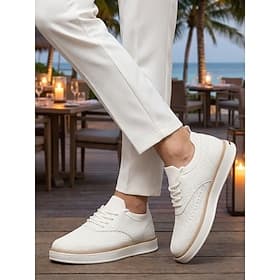 Men's White Casual Sneakers - Lightweight Lace-Up Comfort Walking Shoes - Clean Resort Evenings Footwear for Vacation Travel, Seaside Strolls and Smart Casual