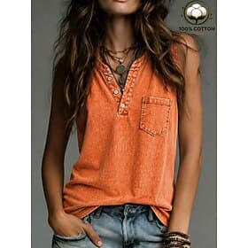 Women's 100% Cotton Henley Shirt Vintage Fashion Stylish Sleeveless Regular Tops Casual Beach Blue Orange Summer Spring