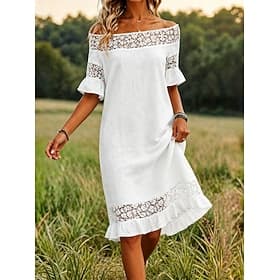 Femmes Robe Longueur Genou Robe en Dentelle Robe Blanche Élégant Mode Plage Vacances Fête Coupe régulière Fleuri Demi Manches Épaules Dénudées Blanche Été Prin