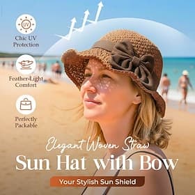 Elegant Woven Straw Sun Hat with Bow Handmade Foldable Summer Beach Hat, Wide Brim UV Protection, Casual Dome Sun Hat for Women
