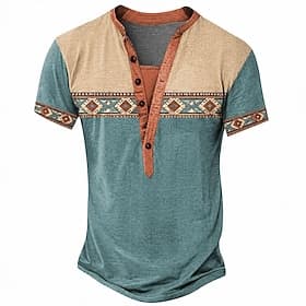 Men's Geometric T Shirt Henley Shirt Tee Short Sleeve Designer Basic Ethnic Casual Daily Outdoor Summer Spring All Seasons Blue Green Navy Blue Mint Green Henl