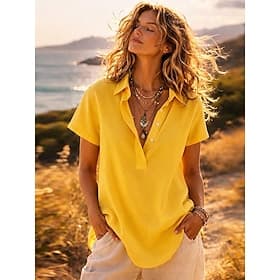 Women's Shirt Cotton Linen Shirts Popover Shirt Blouse Buttons Plain Stylish Classic Modern Short Sleeve Shirt Collar Regular Tops Casual Daily Holiday Blue Wh