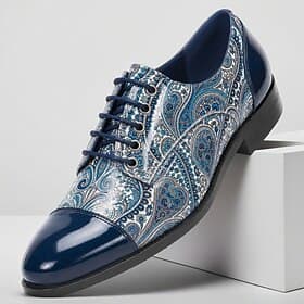 Men's Blue Paisley Oxford Shoes Lace-Up Statement Dress Shoes Glossy Cap Toe Gentleman Footwear for Weddings, Banquets, Parties and Fashion Evening Events