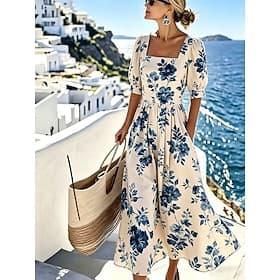 Femmes Robe maxi Robe Décontractée Robe trapèze Élégant Vacances Plage Fête Coupe régulière Fleuri Graphique Demi Manches Col ras du cou Bleu Rouge Vert Beige