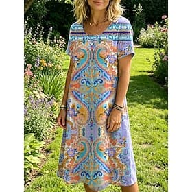 Women's Knee Length Dress Shift Dress T Shirt Dress Tee Dress Casual Regular Fit Graphic Geometric Abstract Short Sleeve Crew Neck Blue Orange Green Summer Spr