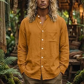 Men's Shirt Linen Shirt Summer Shirt Beach Shirt Button Up Shirt Plain Casual Vacation Blue Black White Orange Long Sleeve Stand Collar Summer Spring Clothing