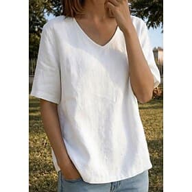 Femmes T-shirt en coton et lin T-shirt Couleur Unie Mode Ethnique Occasionnel Manche Courte Col en V Hauts Réguliers Sortir Vêtements de vacances Blanche Jaune