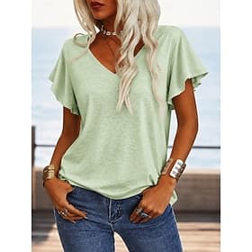 Women's Summer Tops Ruffle Elegant Bohemia Fashion Short Sleeve Flutter Sleeve V Neck Regular Tops Casual Daily Beach Green Summer Spring