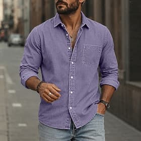 SoftFade™ Men Shirt Cotton Shirt Casual Shirt Acid Wash Shirt Garment Dyed Black Burgundy Navy Blue Purple Brown Long Sleeve Plain Shirt Collar Casual Daily Fr