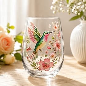 Hummingbird Morning Bliss Glass Tea Cup Crystal Decal Stemless Drinking Glass, Floral Hummingbird Water Cup, Clear Glass Tumbler for Tea, Juice, Coffee, Wine,