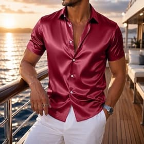 Men's Shirt Satin Shirt Dress Shirt Button Up Shirt Wedding Formal Light Blue Black White Wine Short Sleeve Turndown Summer Clothing Apparel Classic
