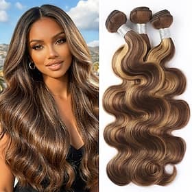 3er-Pack Haarverlängerungen, 18 20 20 Zoll, Highlights P4/27, Body Wave, Echthaar-Bundles