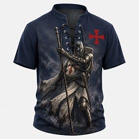 Per uomo Cavalieri Templari Croce Maglia Henley Maglietta Manica Corta maglietta Stampa 3D Collo con lacci Henley Camicia Religioso Quotidiano Festival Rosso C