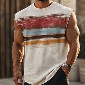 Homme Bohème Rayé Sous-Vêtements Sans manches T-shirt Impression 3D Col ras du cou Chemise Vacances Mode Quotidien Fête Marron Sapin Orange Marron Printemps É
