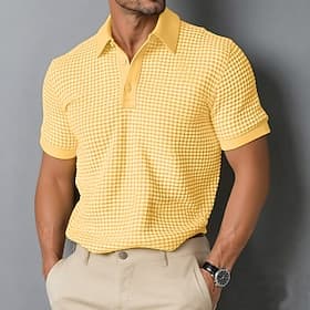 Men's Waffle Polo Shirts Textured Casual Holiday Lapel Short Sleeve Fashion Basic Plain Buttons Soft Summer Spring Yellow Waffle Polo Shirts