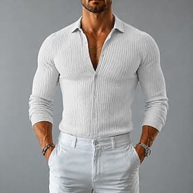 Men's Shirt Ribbed Knitted Casual Shirt Button Up Shirt Black White Gray Light Blue Long Sleeve Plain Shirt Collar Casual Daily Clothing Apparel Elegant Fashio