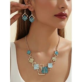 Geometrisches, quadratisches Schmuckset im Bohème-Stil für Damen, Halskette aus Goldlegierung mit Emaille Ohrhänger, farbenfrohe, moderne Statement-Accessoires