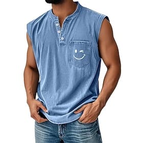 Men's 100% Cotton Acid Wash Shirt Sleeveless Shirt Sleeveless Henley Summer Solid Color Smile Face Casual Garment Dyed Faded Vintage Washed Daily Streetwear Bl