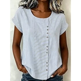 Dames Blouse Knop Afdrukken Grafisch Geometrisch Gestreept Vintage Tropisch Stijlvol Korte mouw Normale tops Casual Feestdagen blauw Zomer Lente