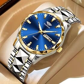 Luxuriöse Herrenuhr, blaues Zifferblatt, zweifarbiges Gehäuse aus Edelstahl (Gold/Silber), Quarzwerk, Wochentags- und Datumsanzeige, wasserdichte Business-Uhr
