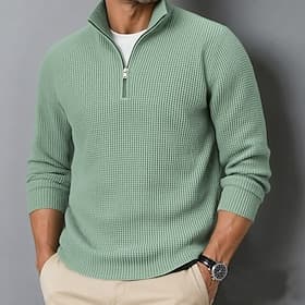 Men's Waffle Polo Shirts Textured Casual Outdoor Quarter Zip Long Sleeve Fashion Modern Solid Color Textured Knitted Fall Winter Green Waffle Polo Shirts