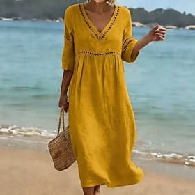 Women's Long Dress Maxi Dress Sundress Elegant Vacation Beach Holiday Loose Fit Solid Color Half Sleeve V Neck Light Blue Denim Blue turmeric off white Summer