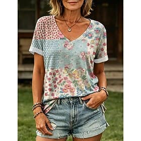Women's T Shirt Print Floral Graphic Stylish Classic Casual Short Sleeve V Neck Regular Tops Casual Daily Blue Pink Summer Spring