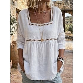 Women's Cotton Linen Shirts Blouse Solid Color Elegant Bohemia 3/4 Length Sleeve Square Neck Regular Tops Outdoor Blue White Pink Green khaki Summer Spring