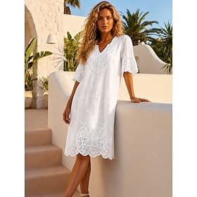 Women's Knee Length Dress A Line Dress Casual Beach Regular Fit Solid Color Half Sleeve V Neck White Summer Spring