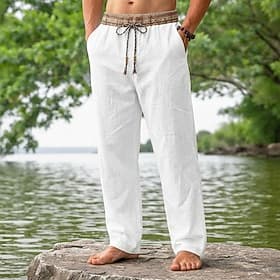 Men's Linen Pants Trousers Summer Pants Baggy Pants Beach Pants Drawstring Patchwork Elastic Waist Plain Comfort Breathable Full Length Casual Daily Outdoor Va