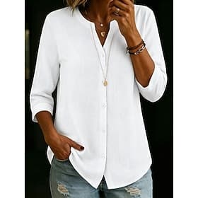 Women's Shirt Blouse Solid Color Elegant Fashion 3/4 Length Sleeve V Neck Long Tops Casual Daily Outdoor Blue Black White Red khaki Summer Spring