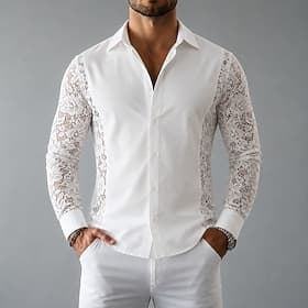 Men Shirt Casual Shirt Button Up Shirt Prom Shirt Jacquard Shirt White Long Sleeve Plain Shirt Collar Casual Daily Front Pocket Clothing Apparel Elegant Fashio