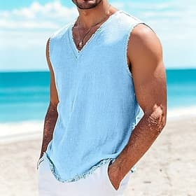 Men's Linen Tank Top Sleeveless Shirt Sleeveless V Neck Summer Plain Fashion Designer Basic Soft Casual Beach Vacation Black Red Navy Blue Top Tee for Men