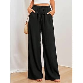 Women's Wide Leg Stylish Casual Full Length Mid Waist Plain Texture Comfort High Elasticity Daily Street Light Gray Navy Black Army Green Summer Spring Fall Lo