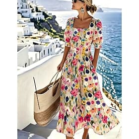 Women's Midi Dress Casual Dress A Line Dress Elegant Vacation Stylish Beach Holiday Regular Fit Floral Graphic Half Sleeve Square Neck Blue Pink Green Summer S