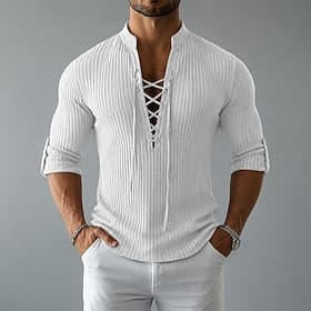 Men Shirt Ribbed Knitted Popover Shirt Casual Shirt White Navy Blue khaki Army Green Gray Long Sleeve Plain Grandad Collar V Neck Casual Daily Drawstring Cloth