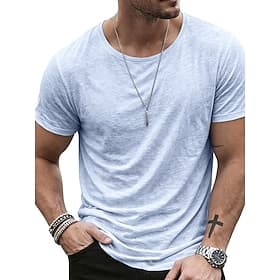 Men's Tee Top Linen T-Shirt Short Sleeve Round Neck Summer Spring All Seasons Solid Color Plain Fashion Designer Basic Basic Soft Plain Casual Vacation Street