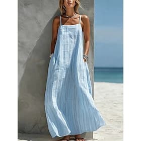 Women's Maxi Dress Boho Dress Vintage Vacation Loose Fit Striped Sleeveless Square Neck Light Blue White Yellow Summer