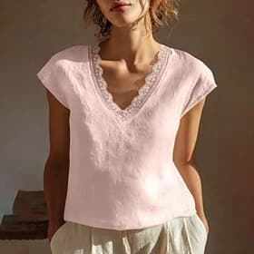 Women's Lace Tops Lace Trim Plain Elegant Stylish Short Sleeve V Neck Regular Tops Casual Daily Black White Pink Dark Blue Military Green Summer Spring