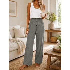 Women's Cotton Linen Pants Wide Leg Chinos Summer Pants Vacation Streetwear Basic Full Length Medium Waist Plain Pocket Elastic Waist Comfy Comfort Micro-elast