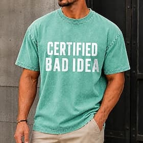 Men's Certified Bad Idea 100 Cotton Acid Wash Heavyweight T-shirt Short Sleeve T shirt DTG Crew Neck Shirt Fashion Daily Holiday Blue Black Red Spring Summer