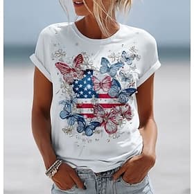 American Independence Day Women's T Shirt Print Graphic American Flag Vintage Stylish Classic Short Sleeve Crew Neck Regular Tops Casual Daily Weekend White Su